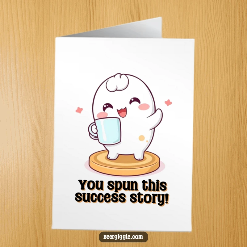 Funny Free Printable Congratulations Card: Kawaii coaster character gleefully holds a mug, celebrating a special win.