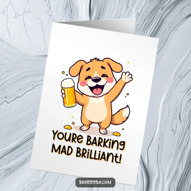 Funny Free Printable Congrats Card: A dog dancing uncontrollably, spilling beer in celebration.