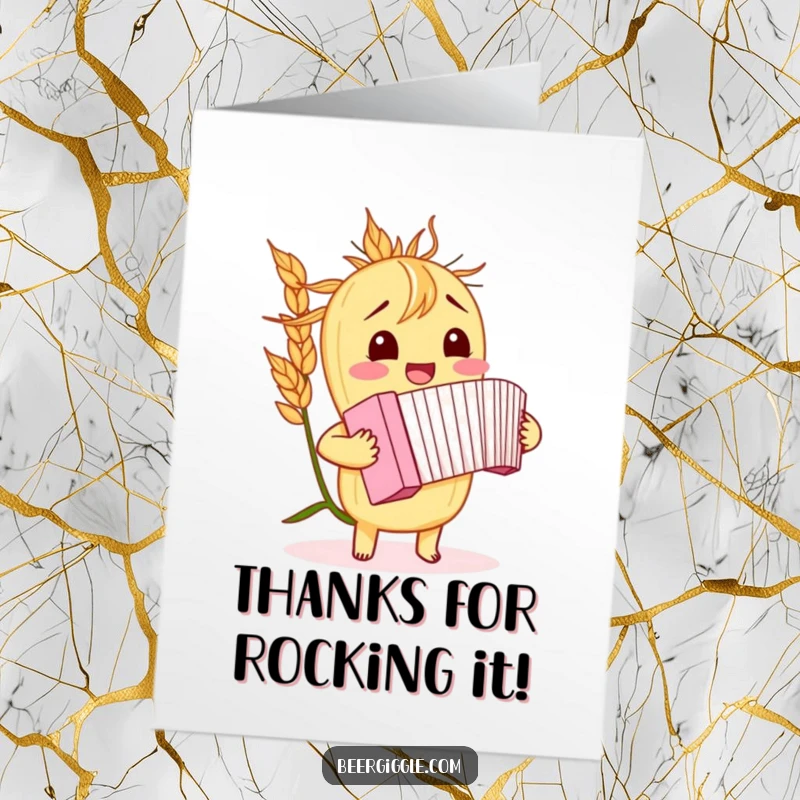 Funny Free Printable Thank You Card of a giggling barley stalk playing a miniature accordion, conveying thanks musically.