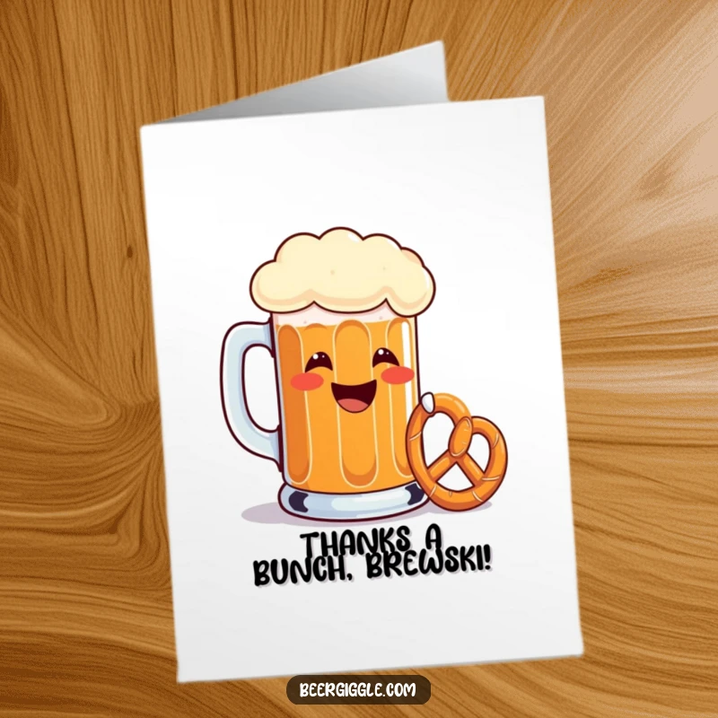 Funny Free Printable Thank You Card depicting a grinning beer mug giving a toast with a tiny pretzel.