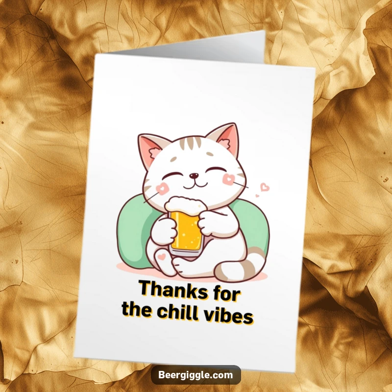 Funny free printable thank you card: A kawaii relaxed cat smiling peacefully while holding a tiny beer.