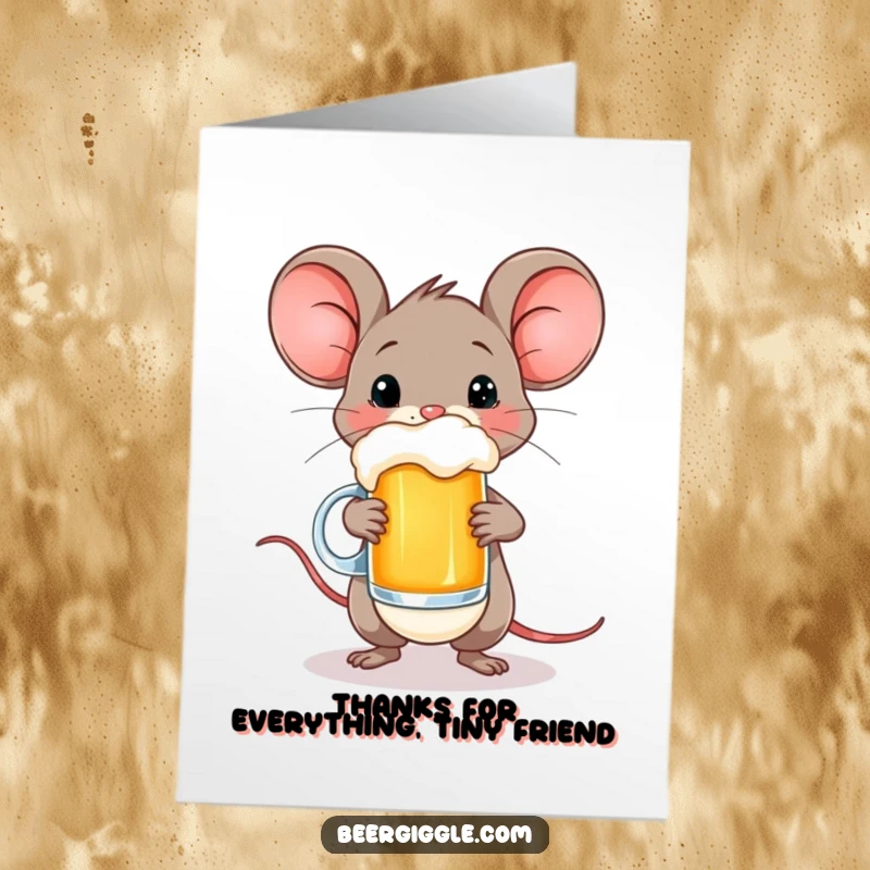 Funny Free Printable Thank You Card: A happy mouse character skillfully balances a mini beer mug, expressing thanks.