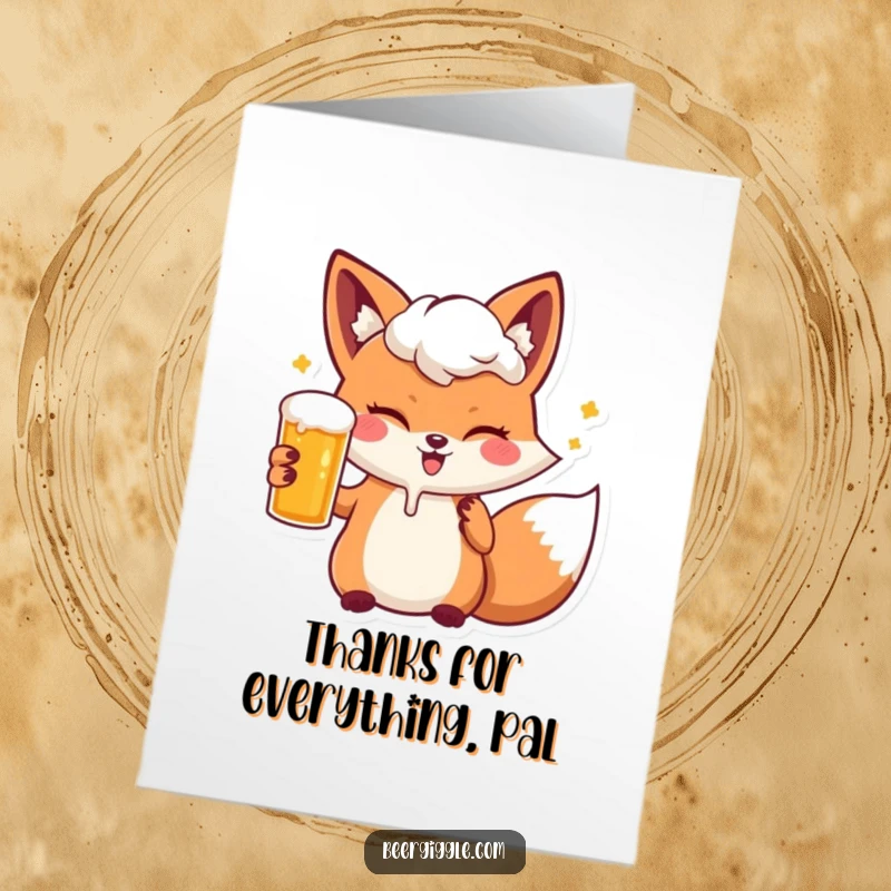 Funny free printable thank you card: A kawaii fox winking with a frothy beer, expressing thanks.