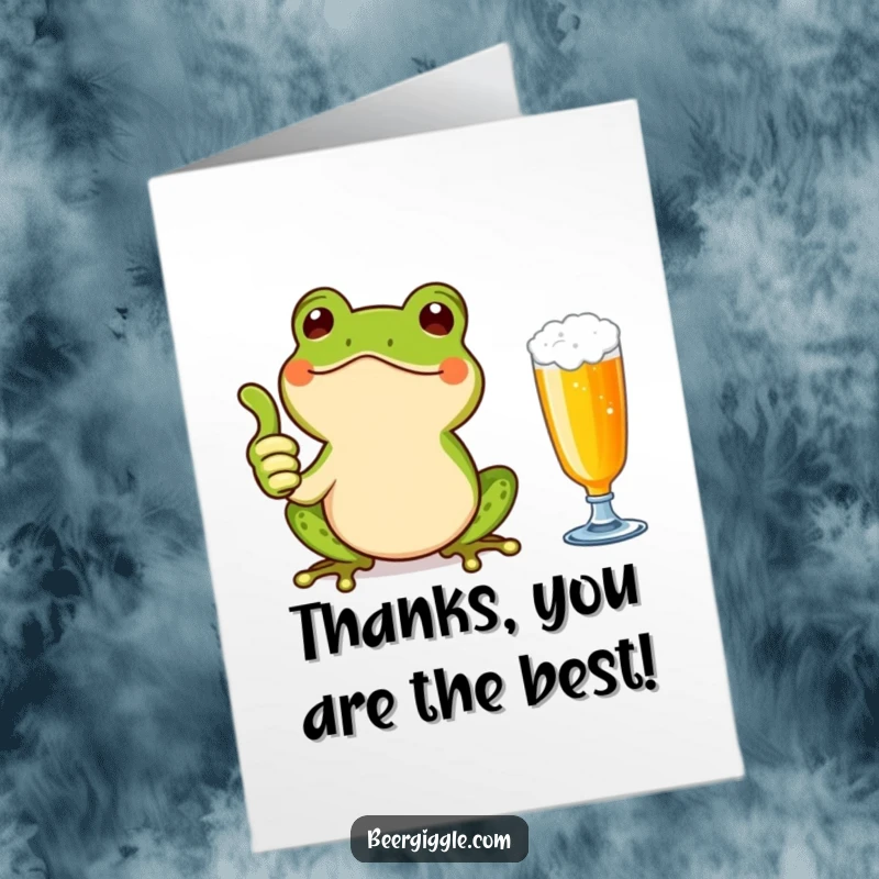 Funny Free Printable Thank You Card with a beaming Kawaii frog giving a thumbs up next to a beer glass, expressing thanks.