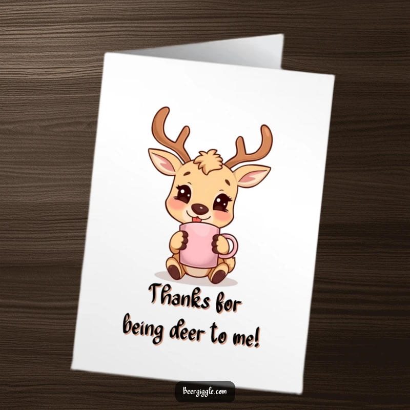 Funny Free Printable Thank You Card: A happy deer smiles, holding a mug with antlers, offering thanks.