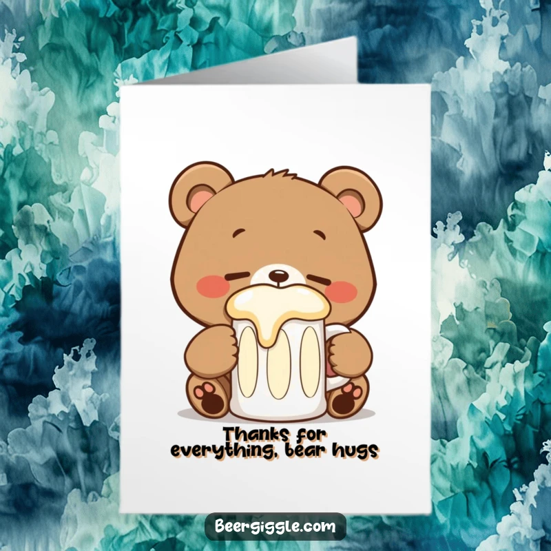 Funny Free Printable Thank You Card of a happy kawaii bear with closed eyes, enjoying a large stein of beer, expressing gratitude.