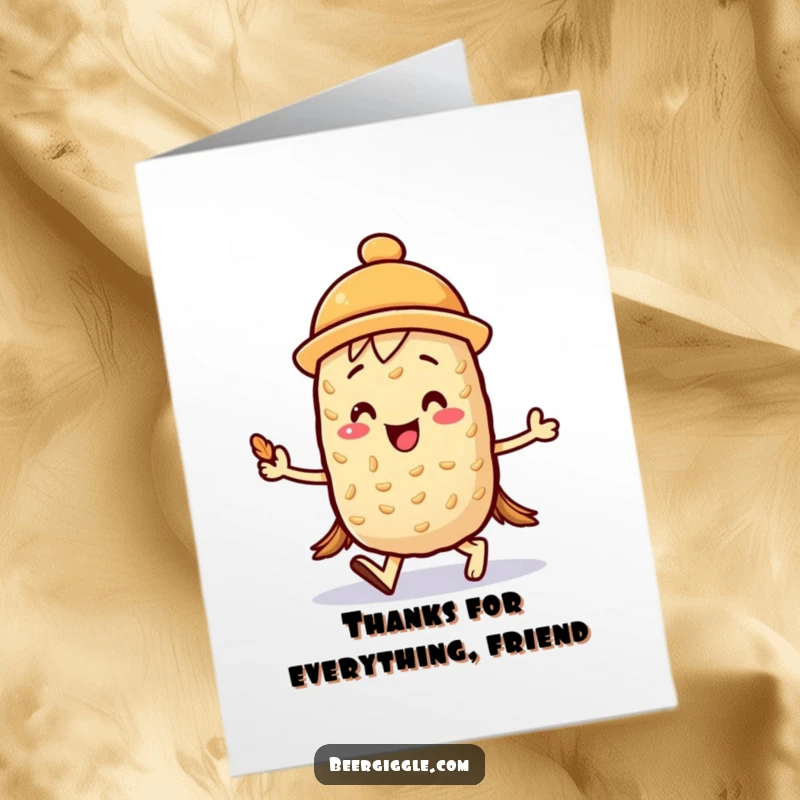 Funny Free Printable Thank You Card featuring a kawaii barley character joyfully marching with a mini foam hat, expressing thanks.