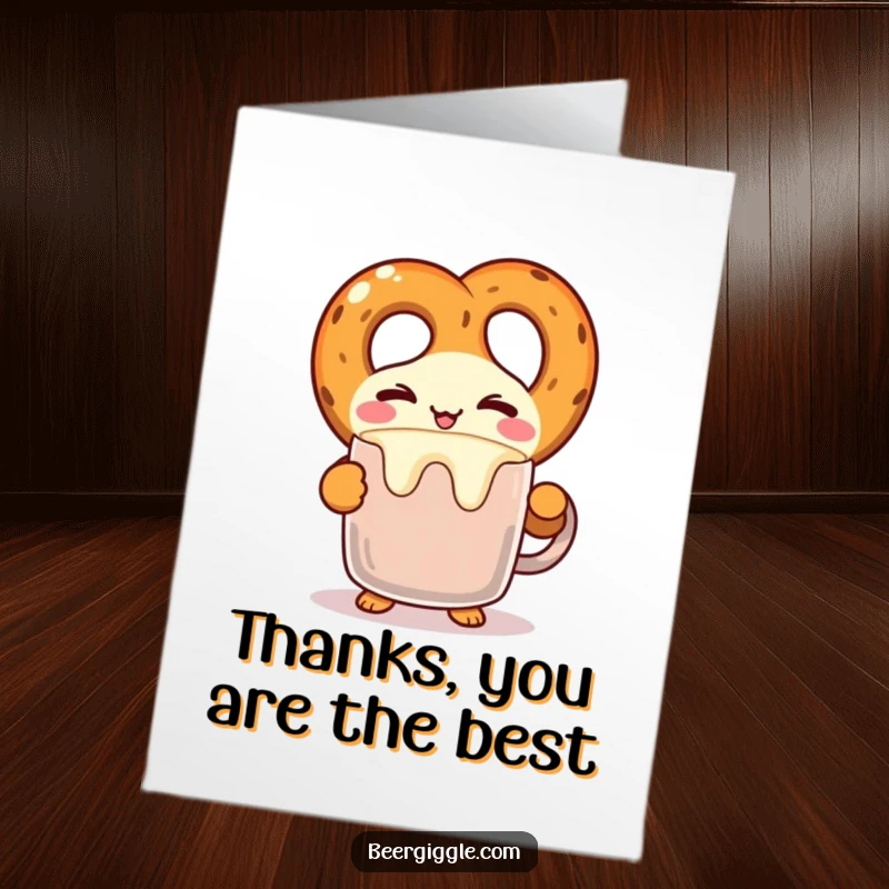 Funny Free Printable Thank You Card featuring a kawaii pretzel character winking while balancing a beer mug, expressing thanks.