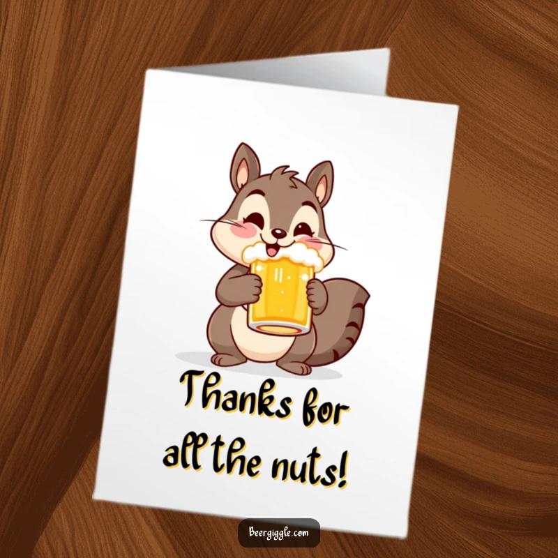 Funny Free Printable Thank You Card: Cheerful squirrel character holding a beer mug, offering thanks.