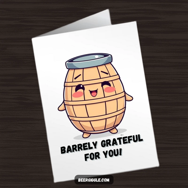 Funny Free Printable Thank You Card: A round barrel character bobbing gleefully, brimming with thanks.