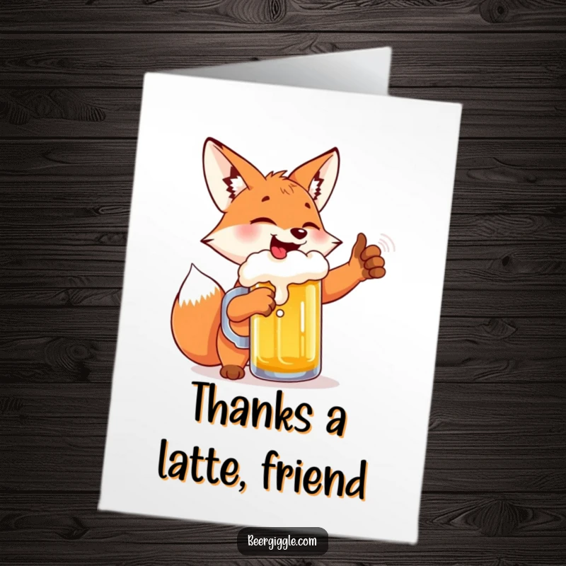 Funny Free Printable Thank You Card: A giggling fox gleefully high-fiving a frothy beer mug.