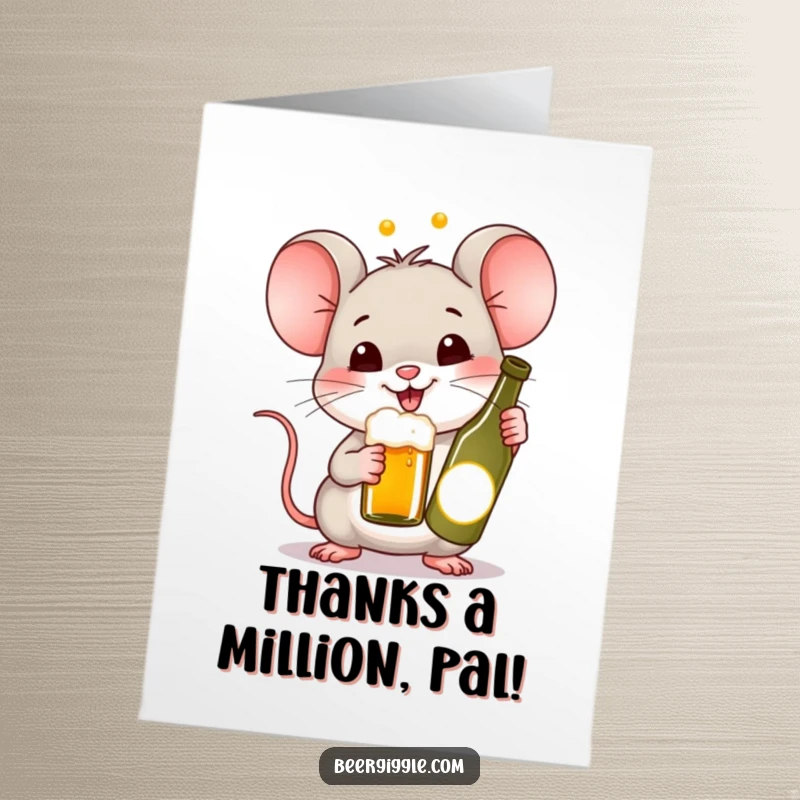 Funny Free Printable Thank You Card of a happy Kawaii mouse raising a tiny bottle of beer in a cheerful toast of thanks.