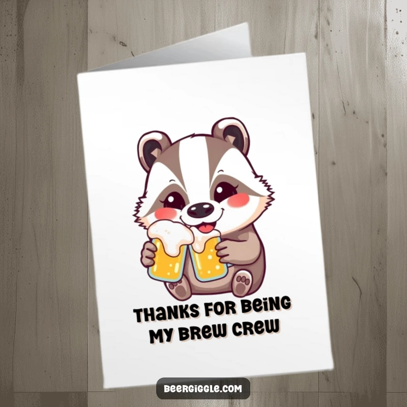 Funny Free Printable Thank You Card featuring a jolly kawaii badger enjoying a beer, expressing gratitude with a contented smile.