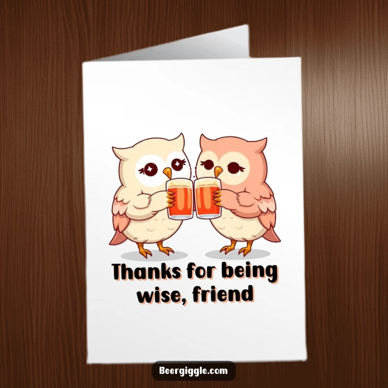 Funny Free Printable Thank You Card of two kawaii owls with twinkling eyes clinking mugs, showing appreciation with a cheerful toast.