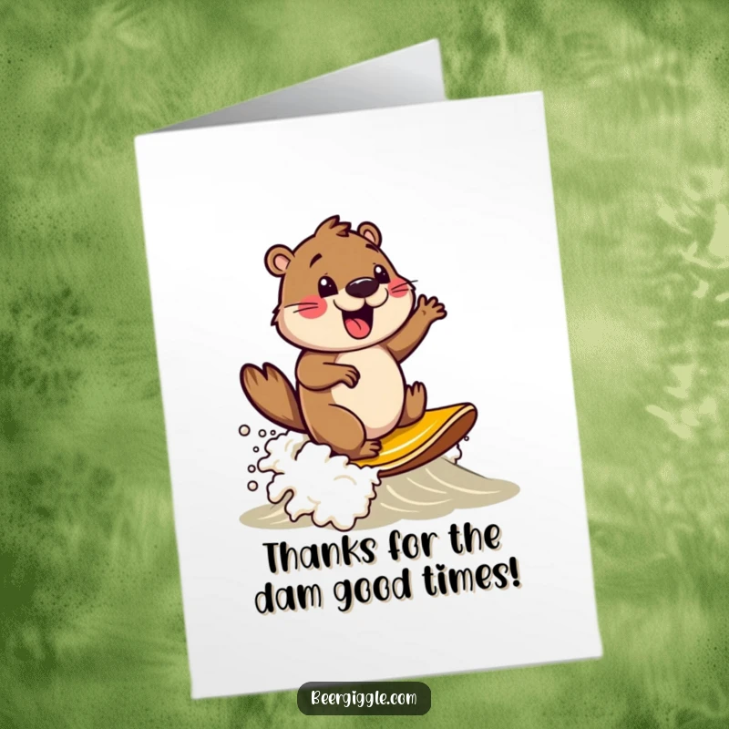 Funny Free Printable Thank You Card: A delighted beaver surfs a wave of beer foam, expressing thanks.
