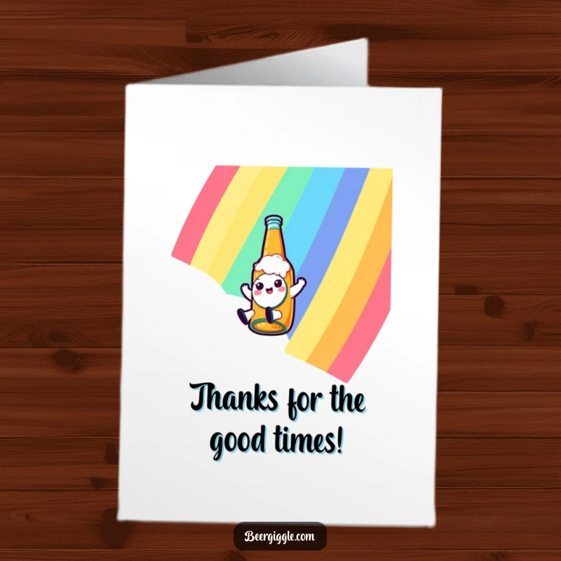 Funny Free Printable Thank You Card: Kawaii beer bottle character slides down a rainbow, sending colorful thanks.