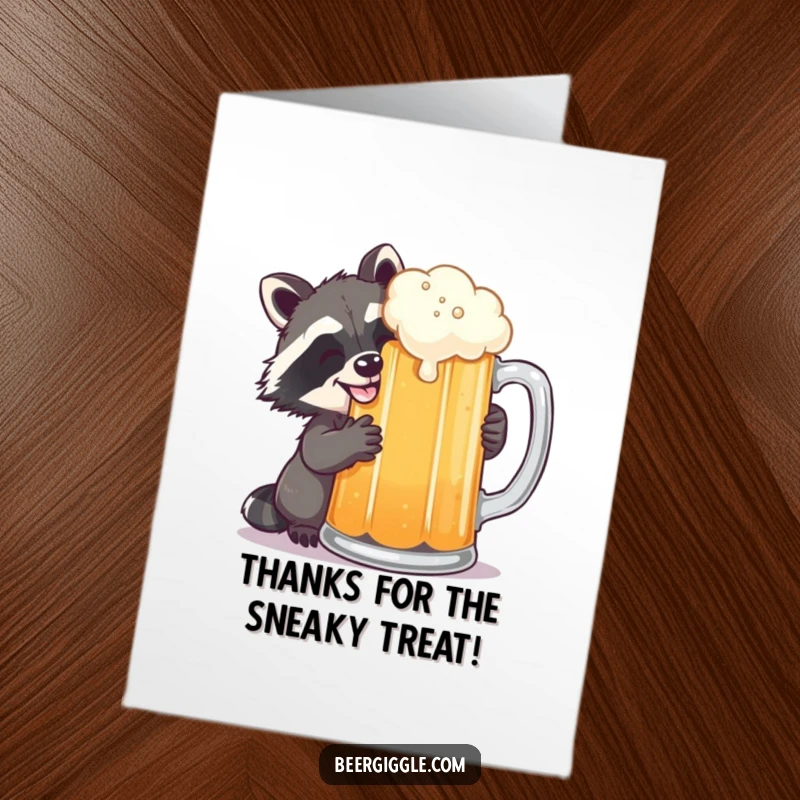 Funny Free Printable Thank You Card: Grinning Raccoon Sneaking a Sip from Giant Beer Mug