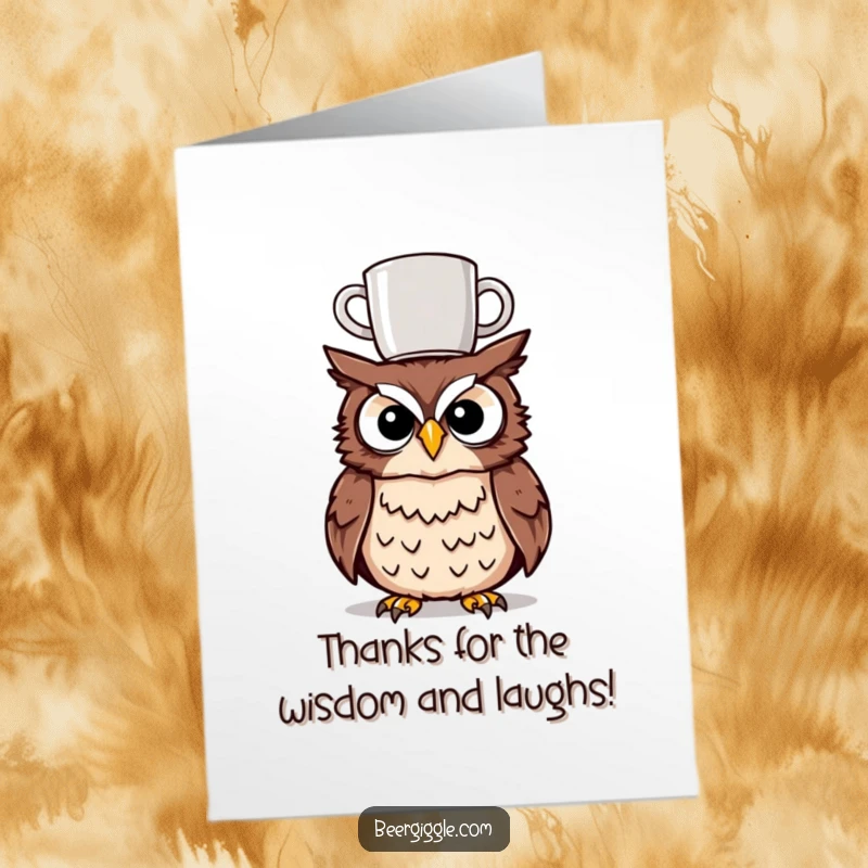 Funny Free Printable Thank You Card: A tipsy owl balancing a mug, offering tipsy gratitude.