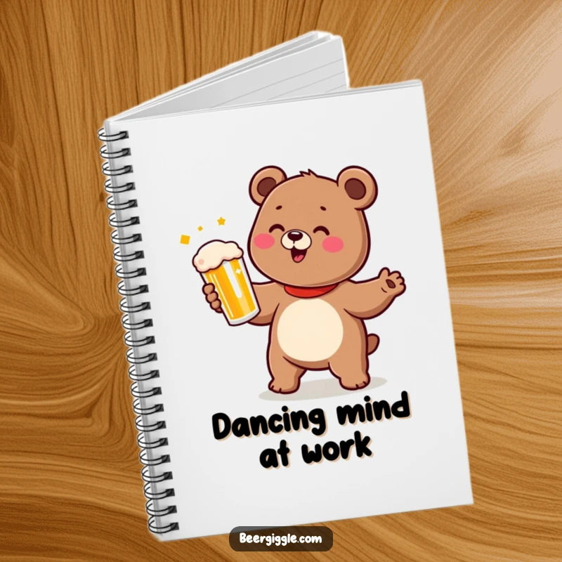 Funny bear notebook with a cute character doing a happy dance while holding a beer, for notes.