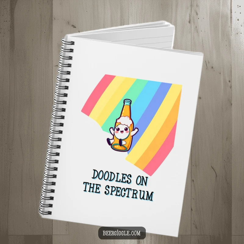 Funny kawaii beer bottle character sliding down a rainbow on a notebook, inspiring creativity and organization with its playful design.