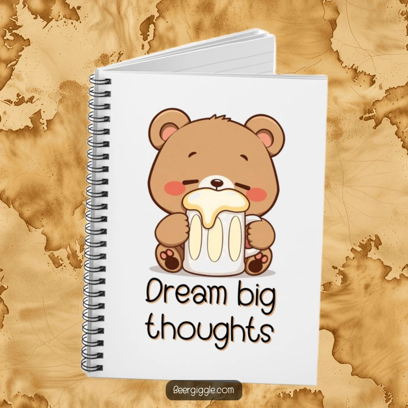Funny kawaii bear stein notebook with a happy bear sipping, ideal for jotting down thoughts with cute humor.