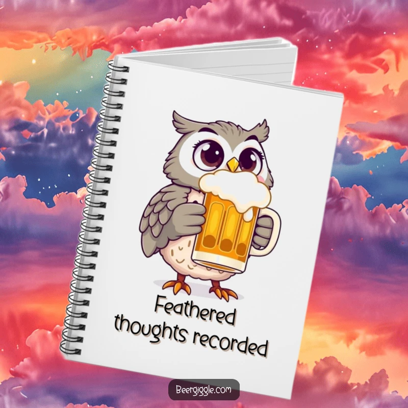 Funny owl with wide, delighted eyes holding a beer stein, on a notebook cover, ready for witty observations and ideas.