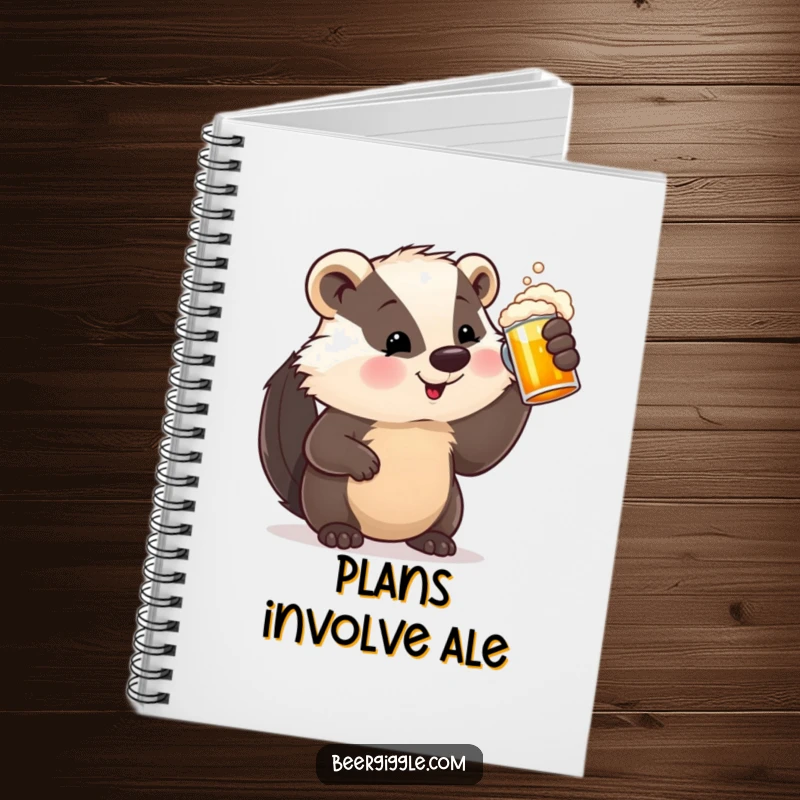 Funny Notebook with a satisfied badger character holding a beer stein, great for jotting down thoughts or ideas.