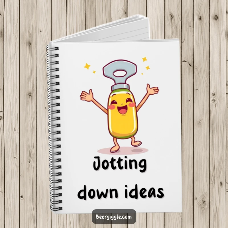 Funny bottle opener notebook, happy, performing a celebratory jig, journal, stationery, writing pad, humorous cover.