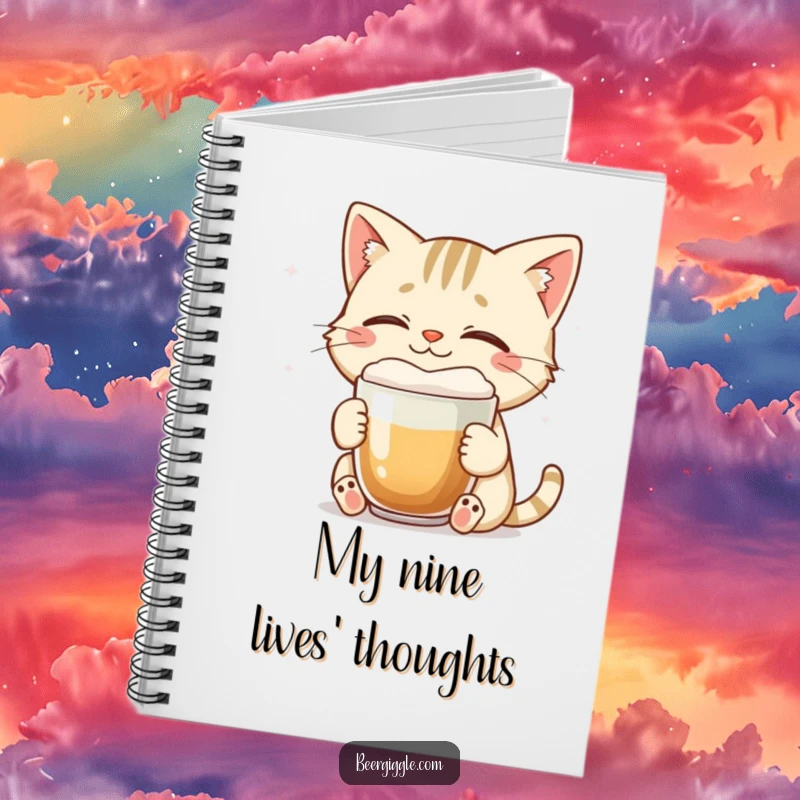 Funny cat notebook with a smiling character enjoying a foamy brew with eyes closed, for notes.