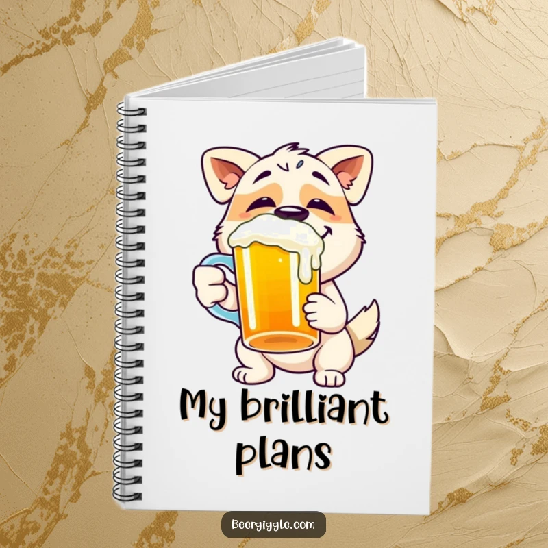 Funny dog notebook with a happy character gleefully chugging from a beer mug, perfect for notes.