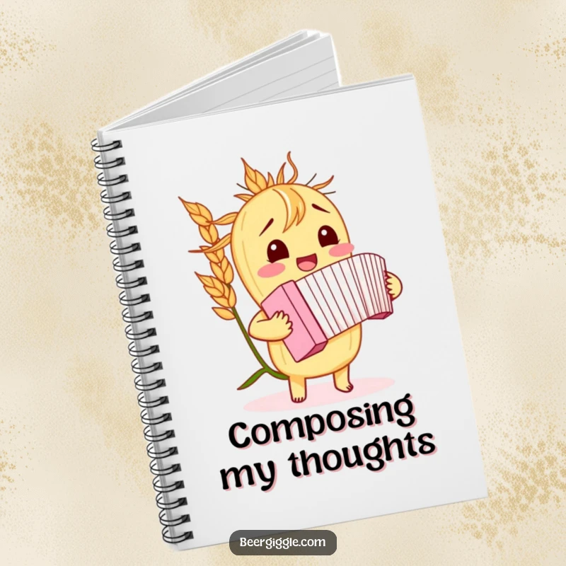 Funny barley stalk notebook, giggling, playing a miniature accordion, journal, stationery, writing pad, humorous cover.