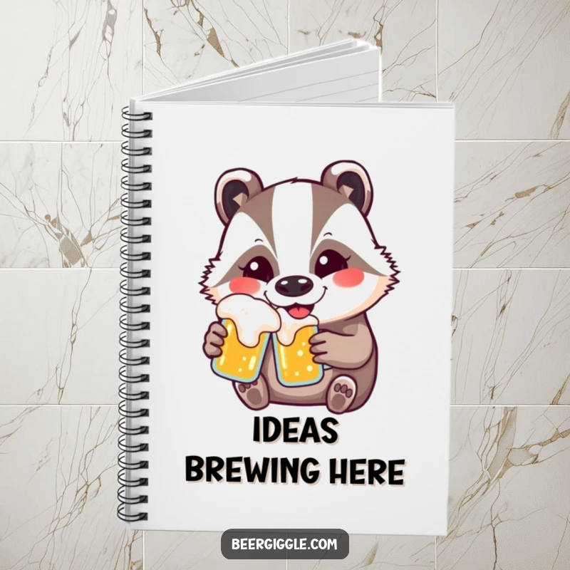 Funny kawaii badger beer notebook with a contented smiling badger, ideal for jotting down notes with humor.