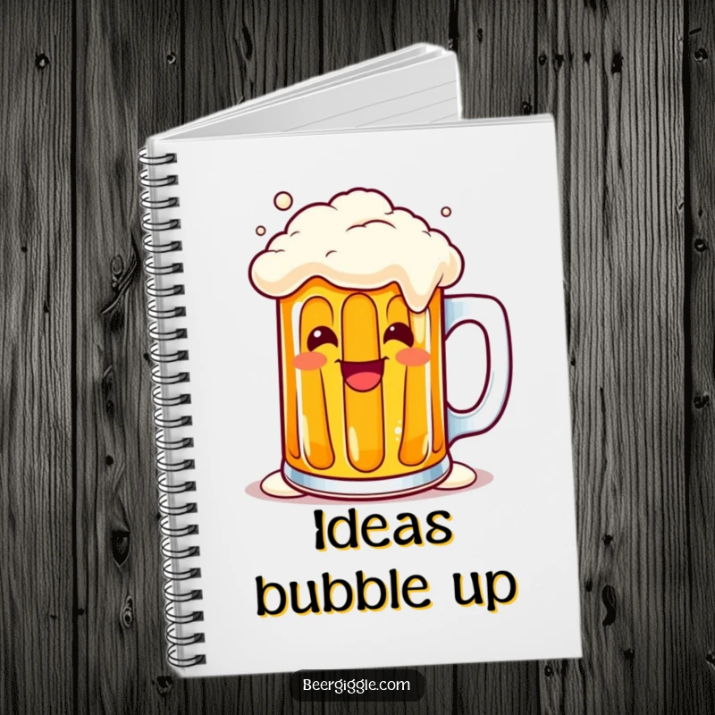 Funny kawaii beer mug overflowing with a cheerful grin on a notebook, inspiring creativity and smiles. Useful gift.