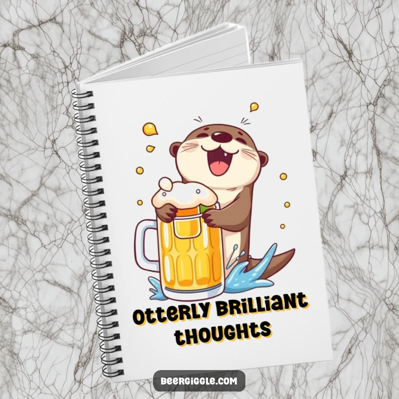 Funny otter beer dive notebook, showing a delighted otter splashing into a mug, perfect for jotting down witty ideas.