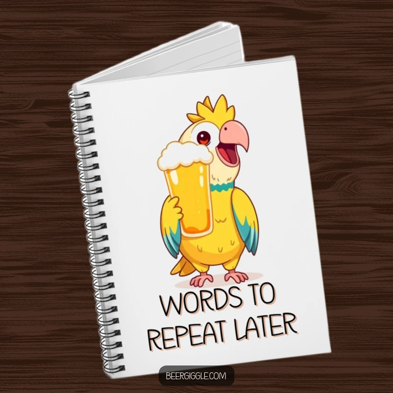 Funny Notebook with a happy parrot mimicking a toast with a beer, great for writing down ideas and plans.