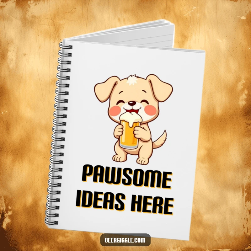 Funny puppy wagging its tail, holding a small beer, on a notebook cover, ready for happy thoughts and ideas.