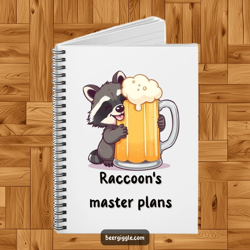 Funny raccoon grinning, sneaking a sip of beer, on a notebook cover, ready for sneaky plans and ideas.