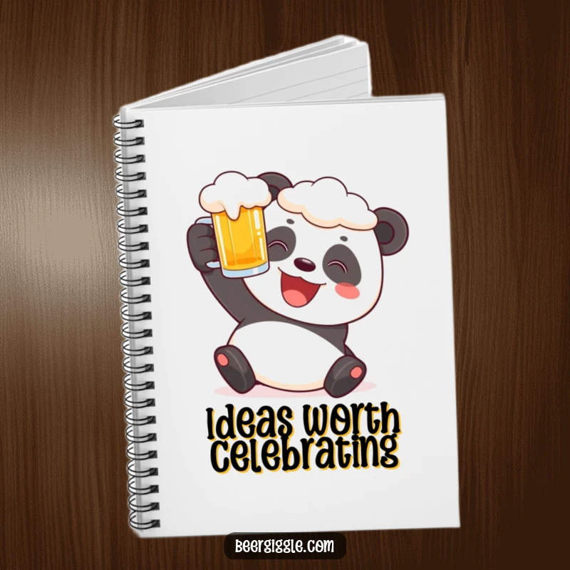 Funny panda notebook with a cheerful character raising a frothy beer stein, perfect for note-taking.