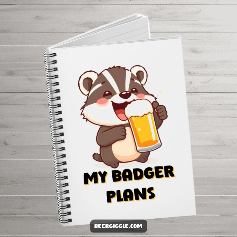 Funny notebook featuring a delighted badger toasting with a beer mug, perfect for jotting down happy ideas.