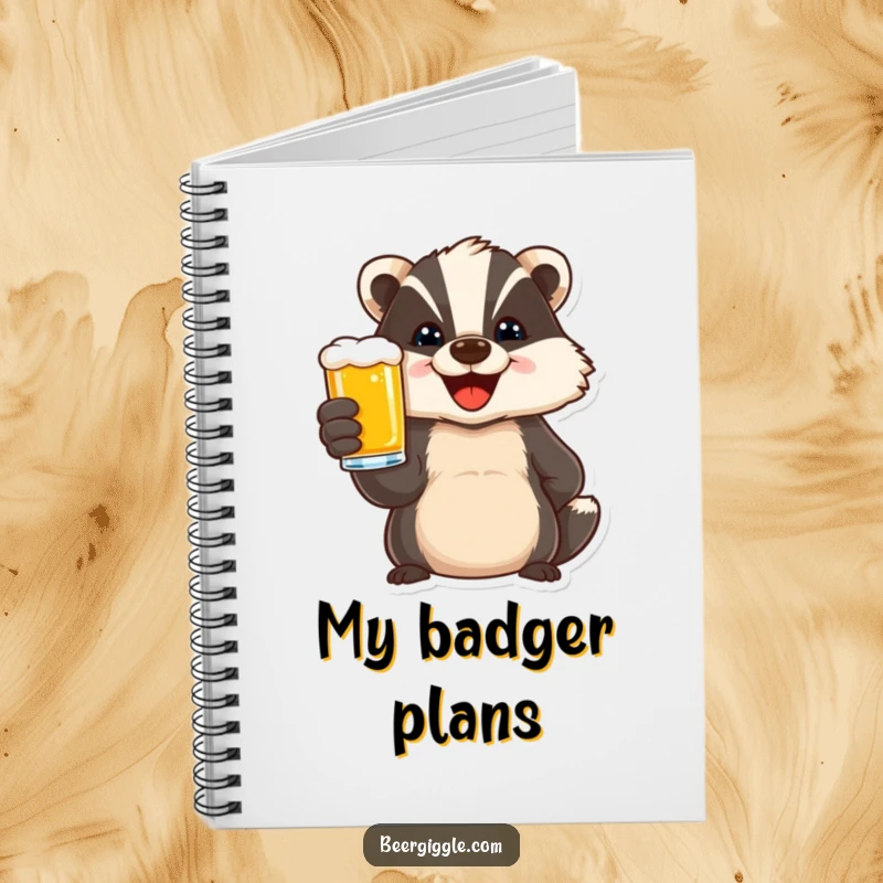 Funny notebook cover featuring a delighted badger character toasting with a beer, great for jotting down celebratory ideas with humor.