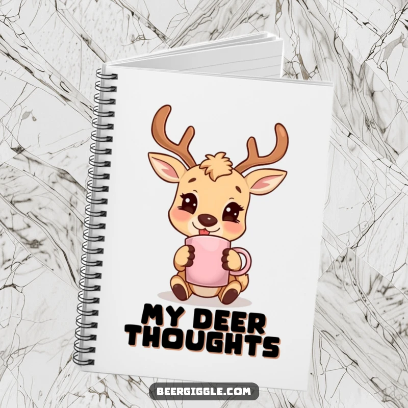 Funny deer character smiling with an antler mug, spiral notebook, perfect for notes, journaling, and creative writing.