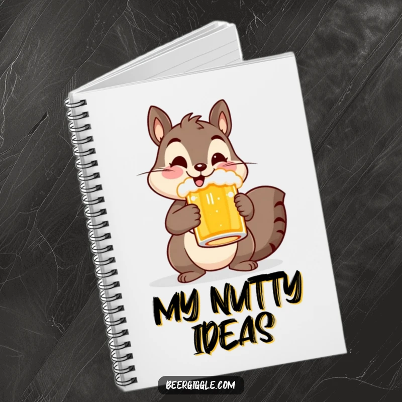 Funny notebook cover featuring a cheerful squirrel character holding a beer mug, great for jotting down ideas with a woodland twist.