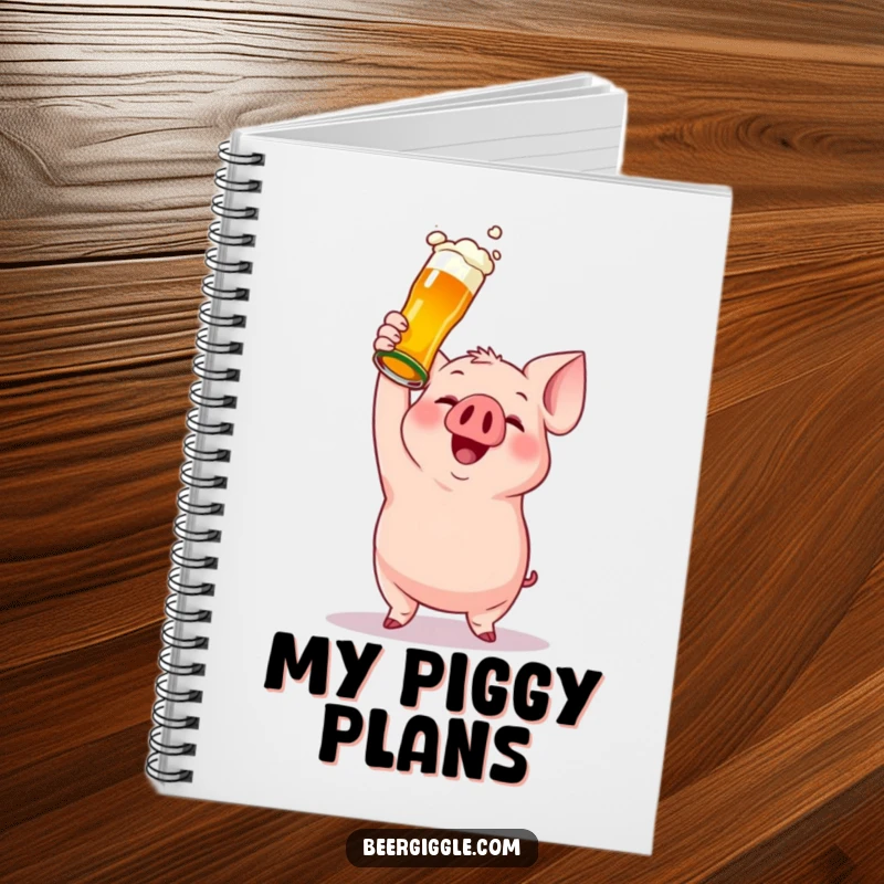 Funny notebook with a cover depicting a gleeful pig character holding a beer bottle, ideal for capturing notes and humorous thoughts.