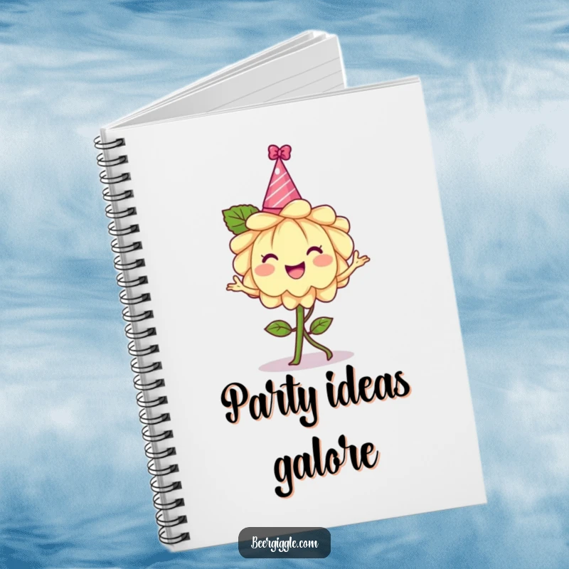 Funny hops flower notebook, cheerful, wearing a tiny party hat, dancing, journal, stationery, writing pad, humorous cover.