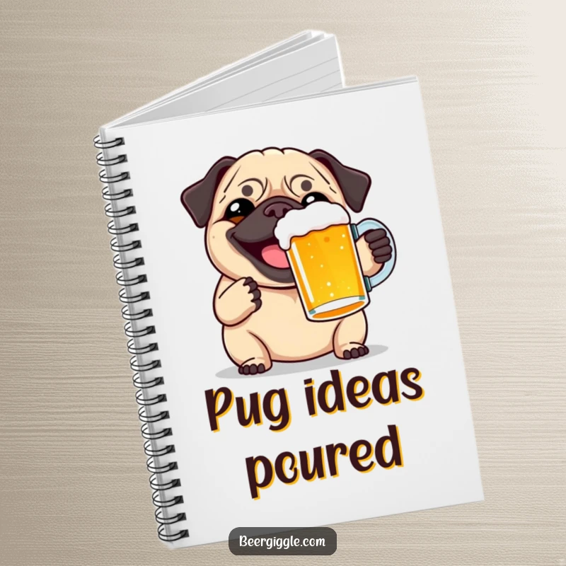 Funny pug beer toast notebook, showing a happy pug celebrating with a pint, perfect for jotting down witty ideas.