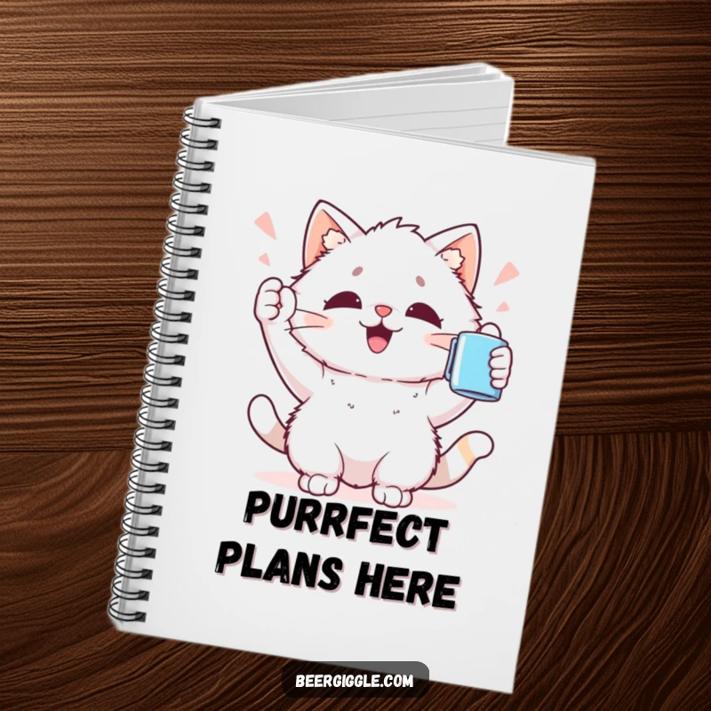 Funny Kawaii Cat Notebook: Cute cat character cheers holding a mug aloft, perfect for jotting down ideas with feline flair.