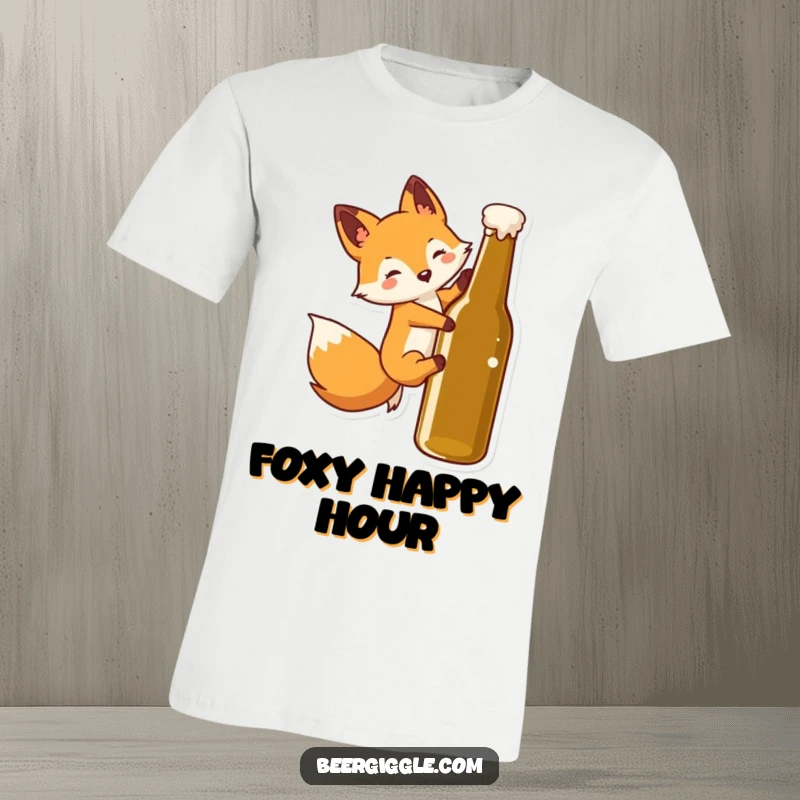 Funny Kawaii Fox T-Shirt: Cute fox character joyfully slides down a beer bottle, showcasing playful energy.