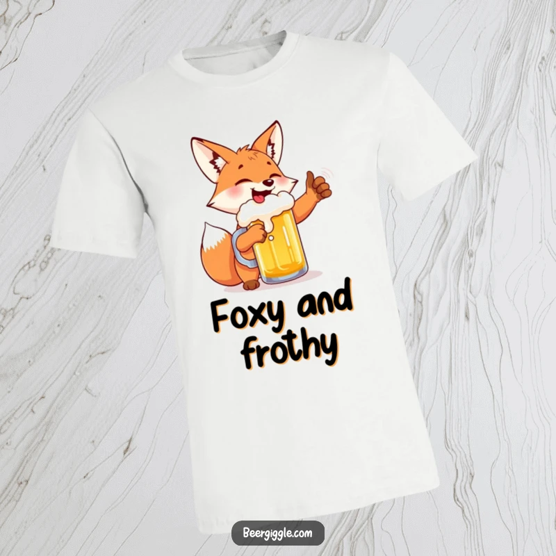 Funny giggling fox t-shirt, giving a high five to a beer mug, showcasing mischievous glee and celebratory vibes.