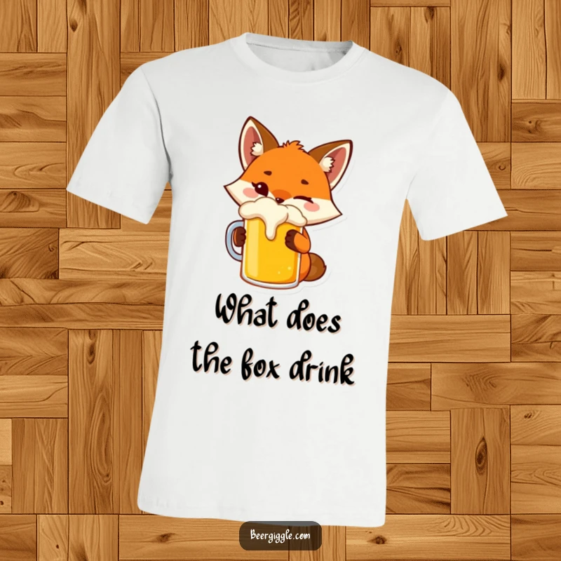 Funny fox t-shirt depicting a playful character winking while toasting a beer mug, celebrating wit.