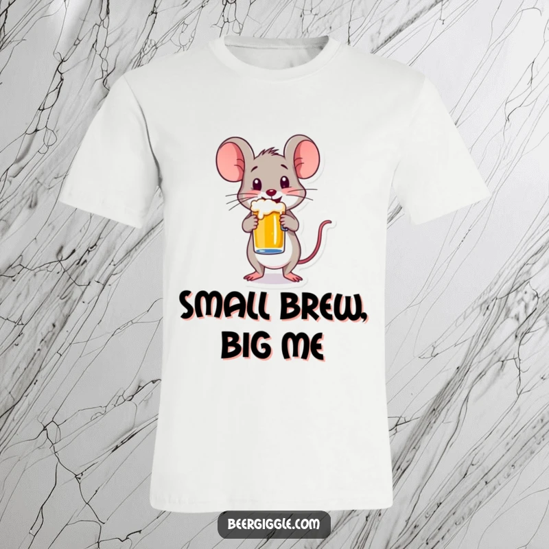 Funny t-shirt depicting a happy mouse character skillfully balancing a small beer mug, embodying delightful and humorous precariousness.